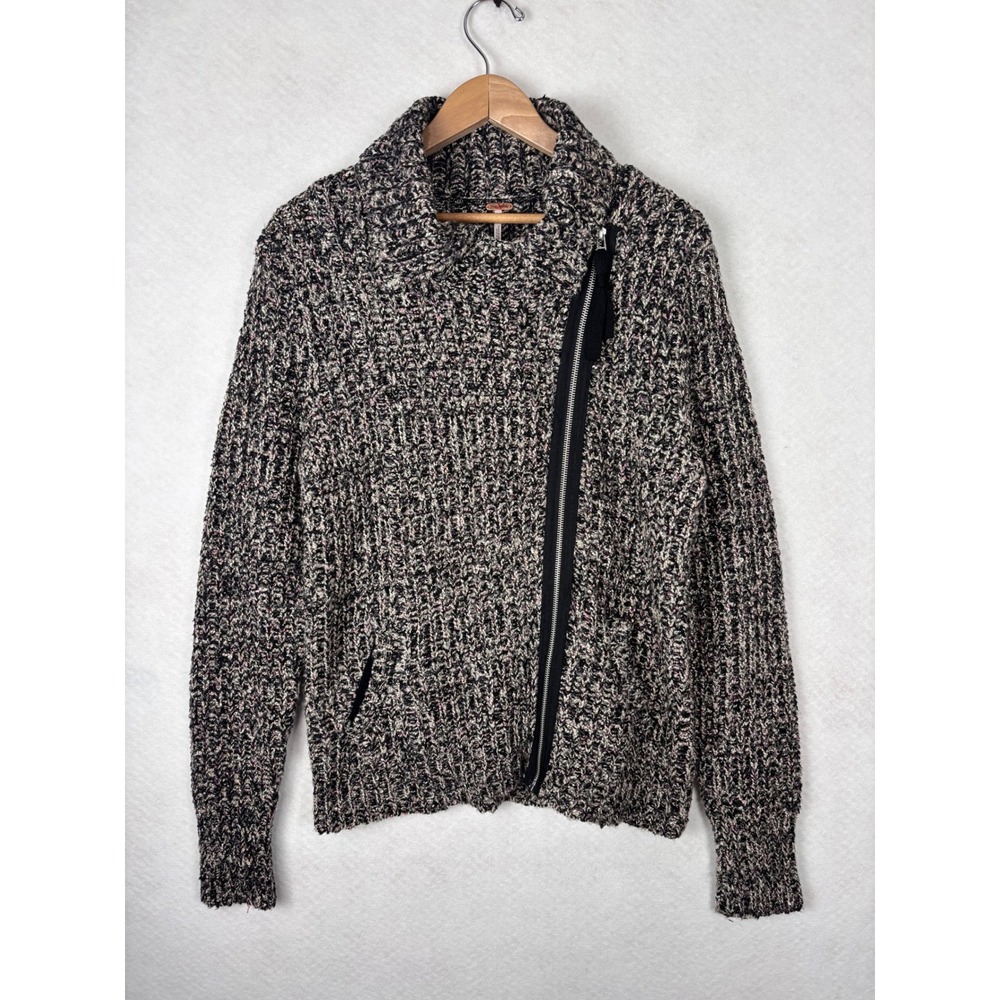 Free People Marled Sweater L Asymmetrical Zip Moto Cardigan Chunky Knit Boho
